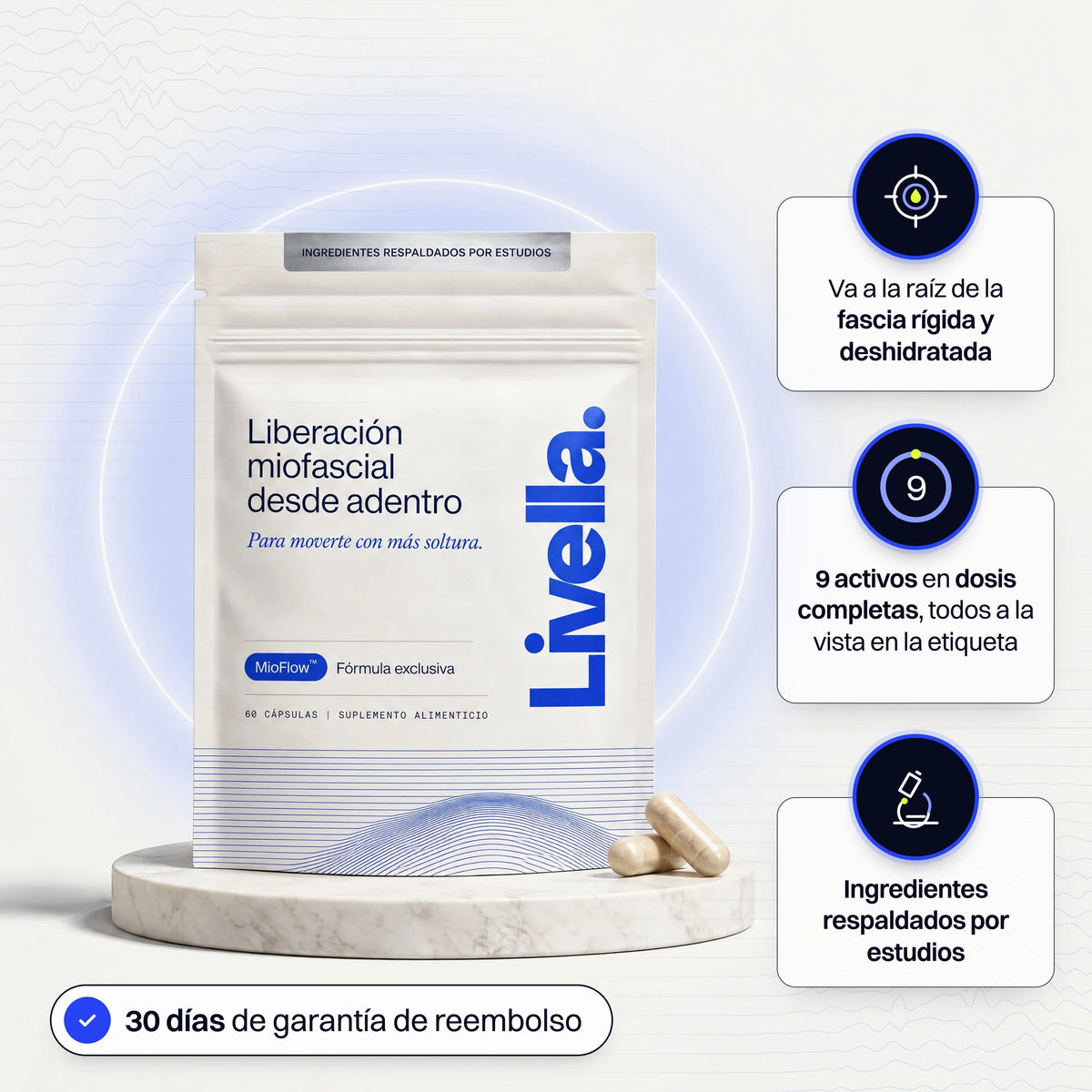 Bolsa de Livella sobre un pedestal de mármol, con tres beneficios y 30 días de garantía