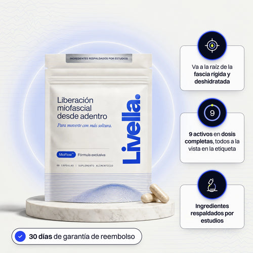 Bolsa de Livella sobre un pedestal de mármol, con tres beneficios y 30 días de garantía